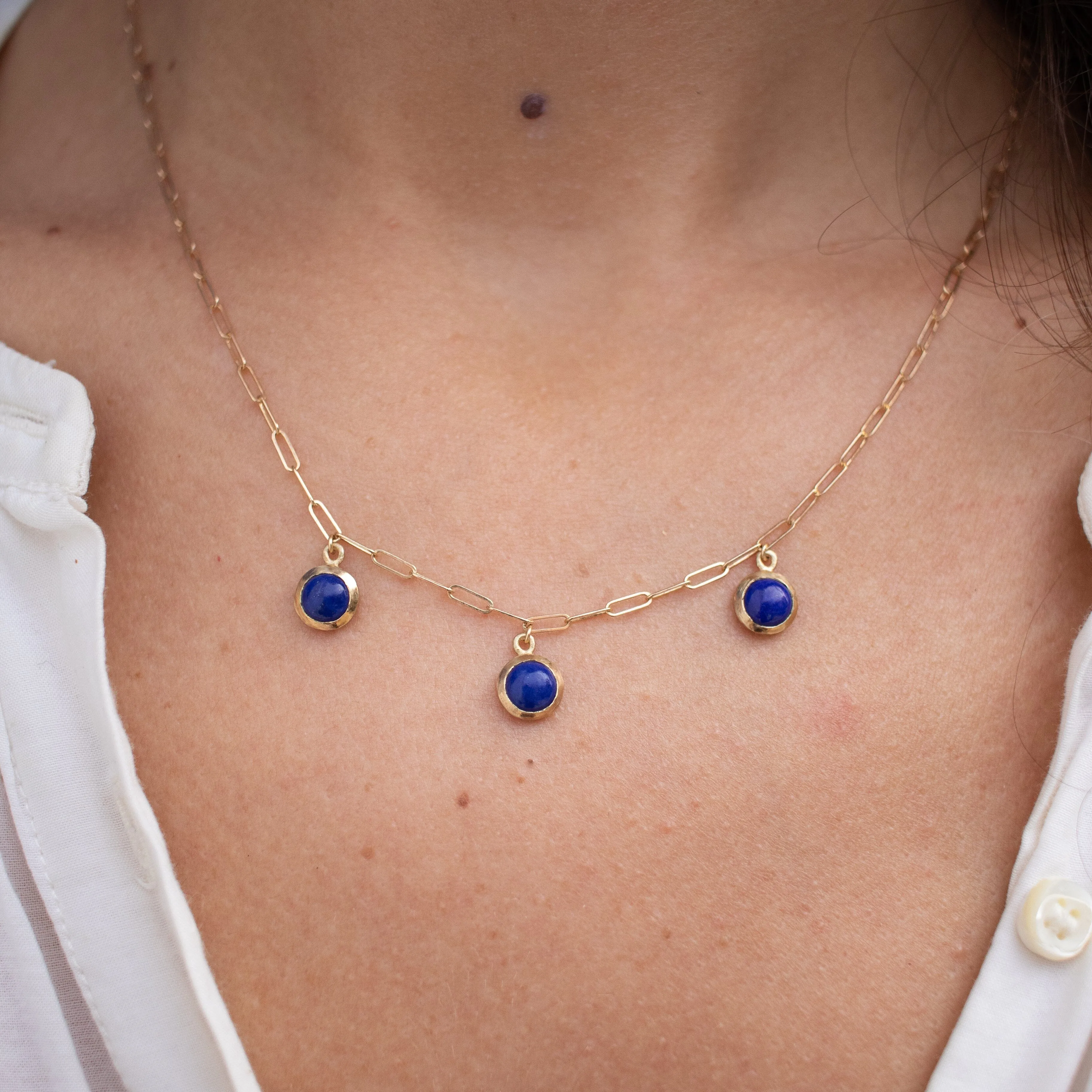 10K Semi-Precious Three Stone Drop Necklace Lapis