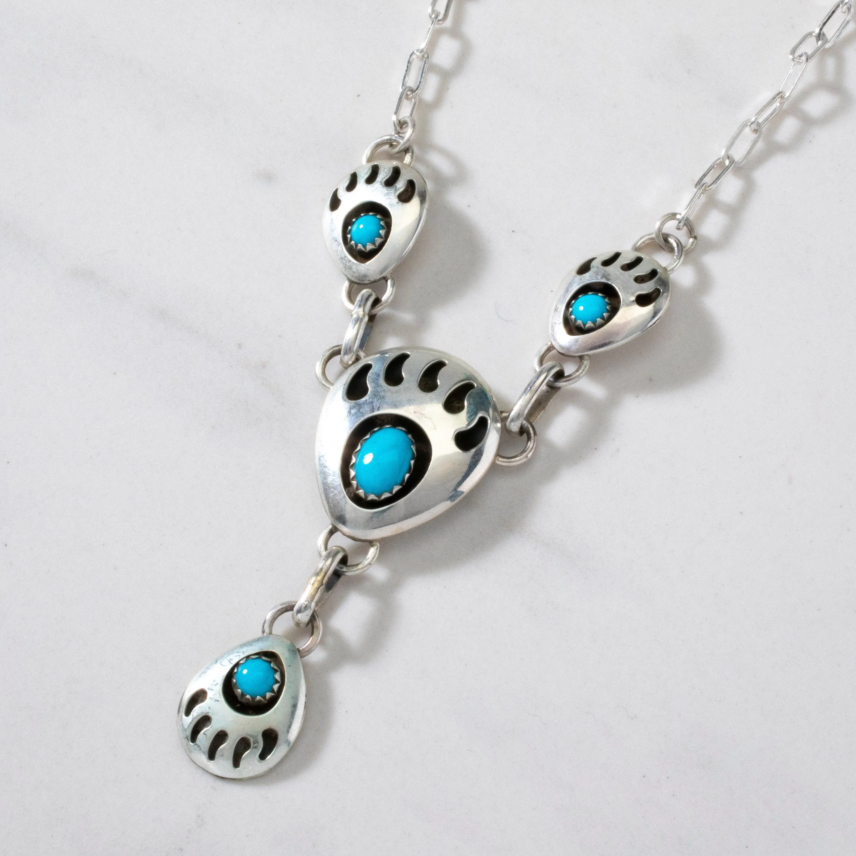 16 Sleeping Beauty Turquoise Bear Claw USA Native American Made 925 Sterling Silver Necklace