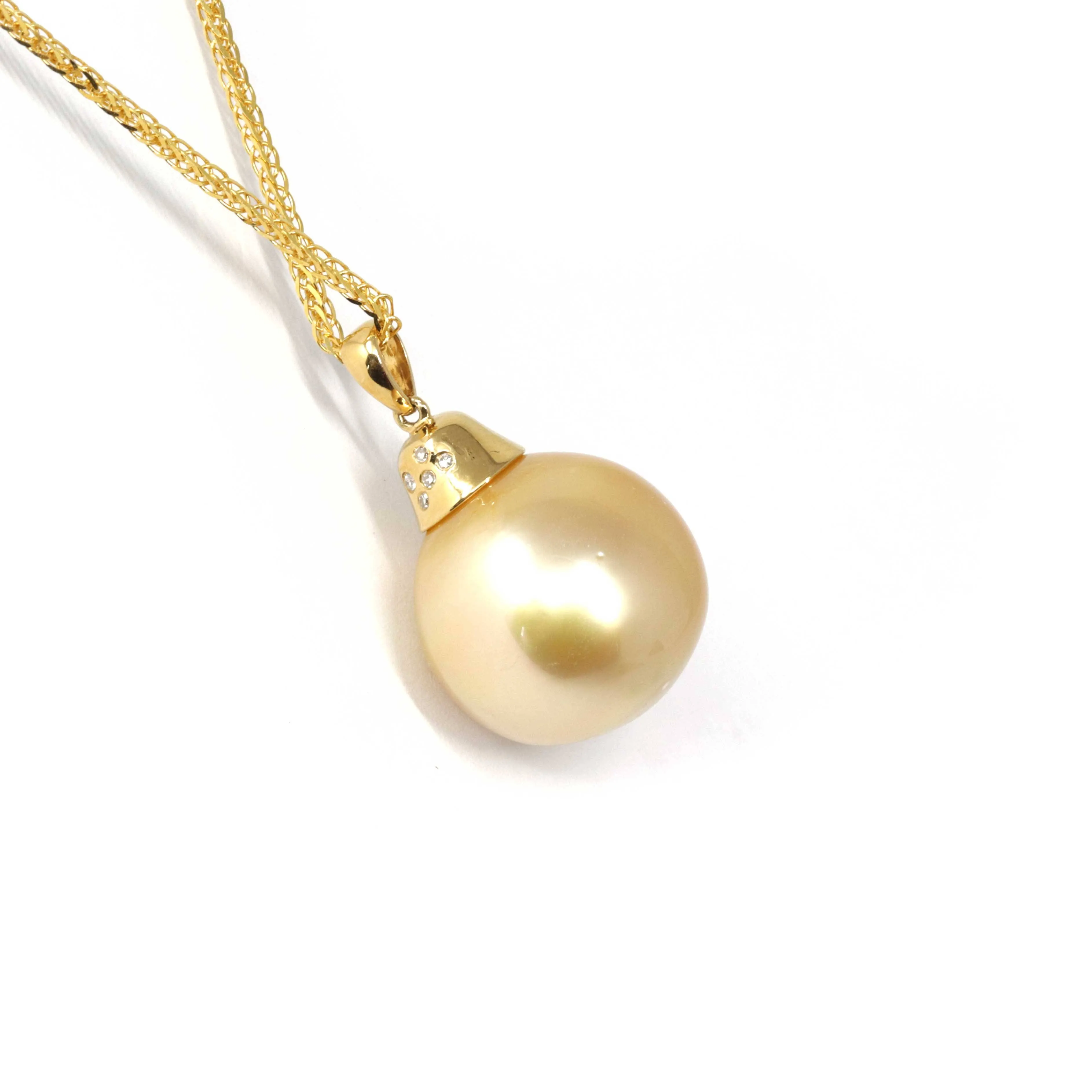 18k Gold Round Golden South Sea Cultured Pearl & Diamond Pendant Necklace for Women, AAA Quality