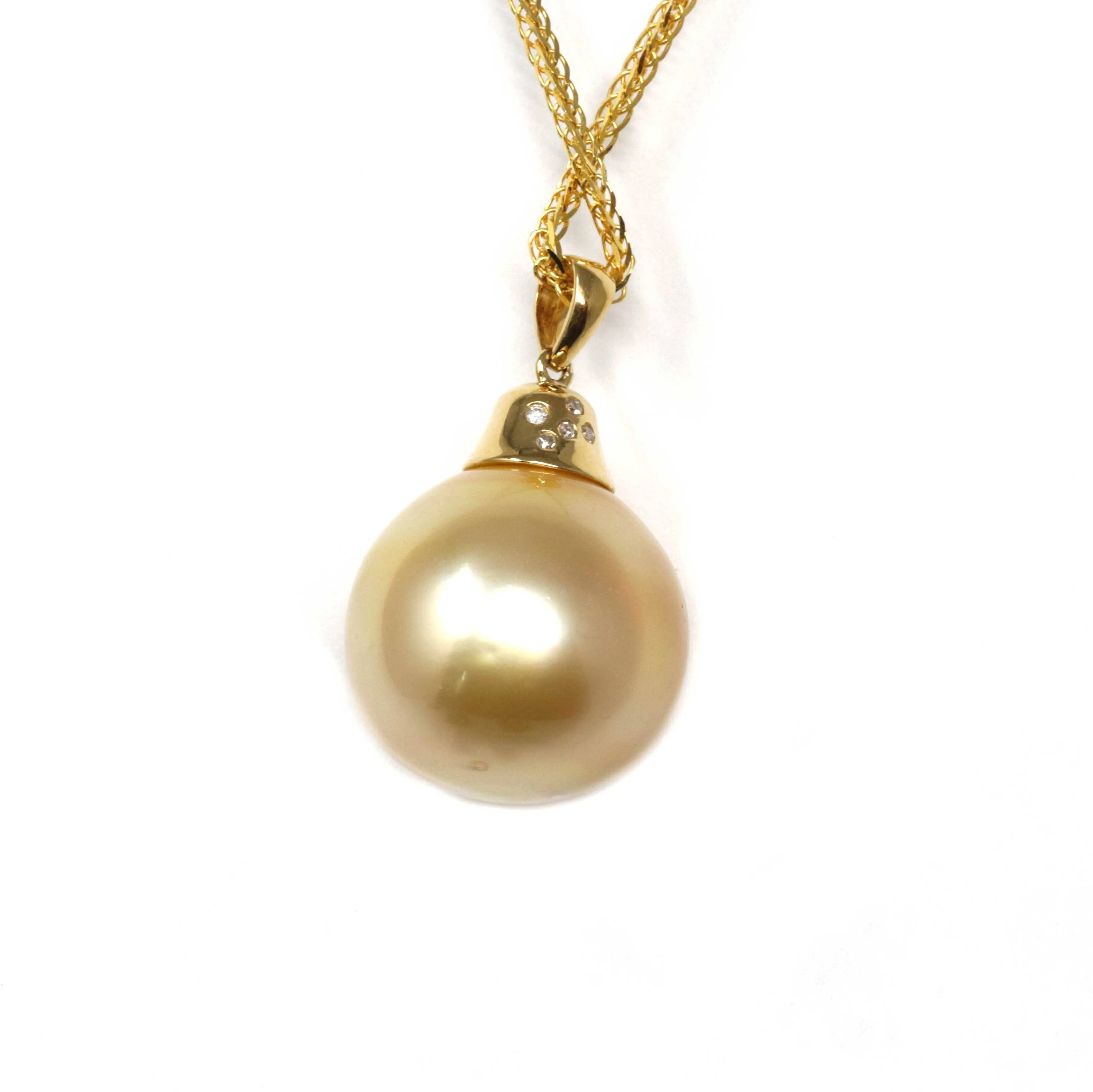 18k Gold Round Golden South Sea Cultured Pearl & Diamond Pendant Necklace for Women, AAA Quality