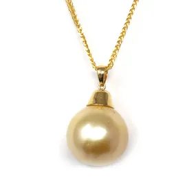 18k Gold Round Golden South Sea Cultured Pearl & Diamond Pendant Necklace for Women, AAA Quality