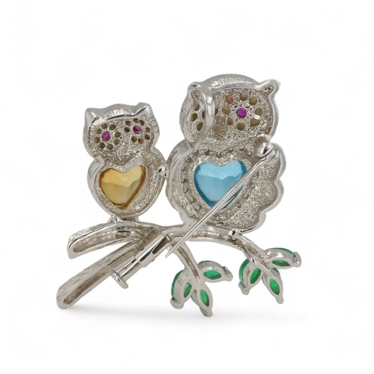 18k white gold duo owls accents blue topaz ruby citrine emerald and diamonds vintage pendant-Pin-11376