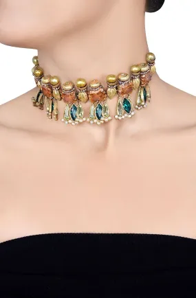 21A151 Gold Plated Choker Necklace with Green Drop Tassels