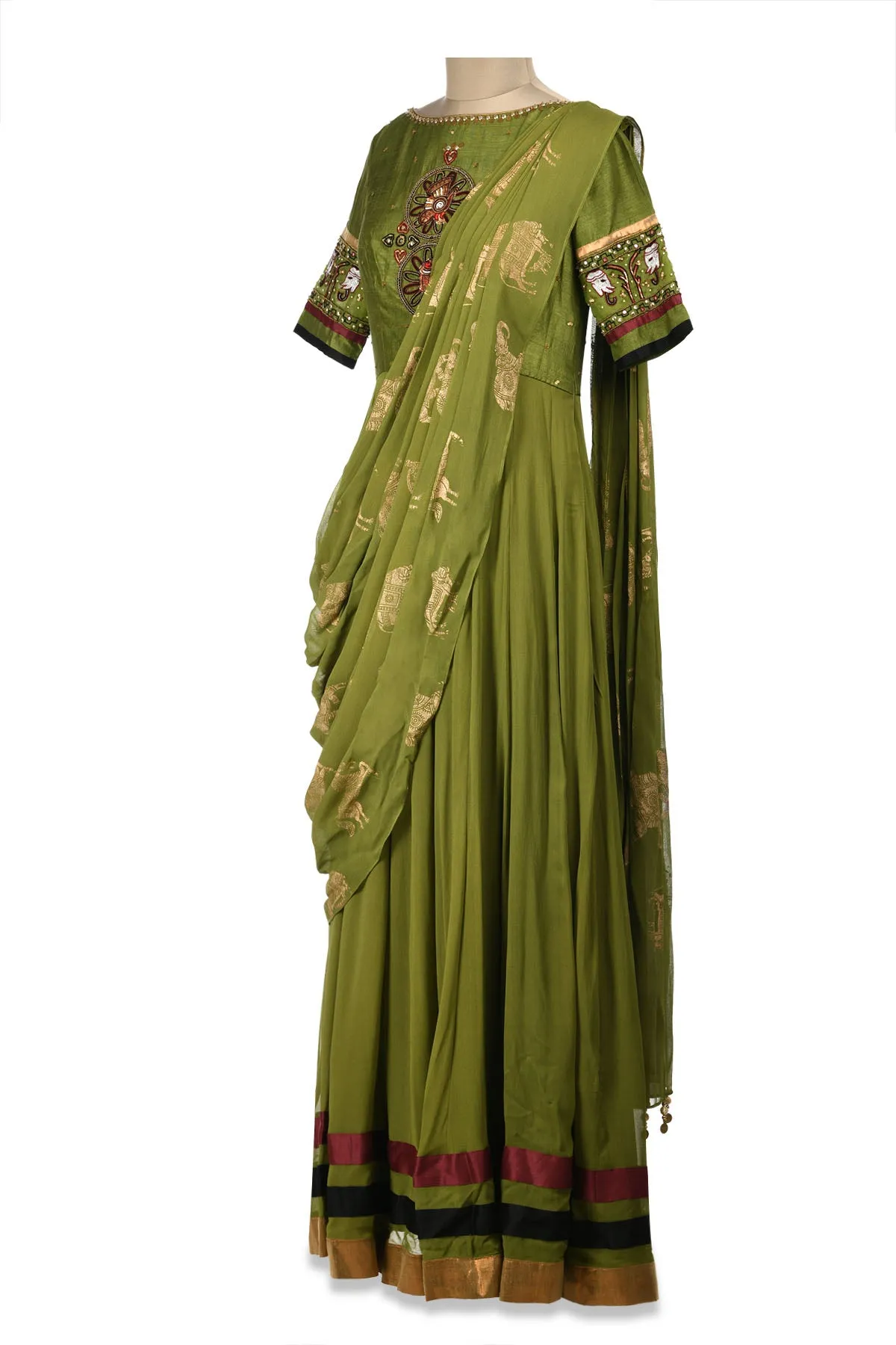 50Z170-RO Green Embroidered Maxi Dress with Draped Dupatta