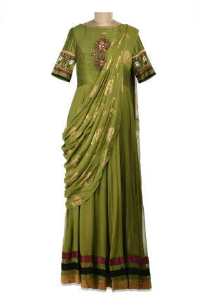 50Z170-RO Green Embroidered Maxi Dress with Draped Dupatta