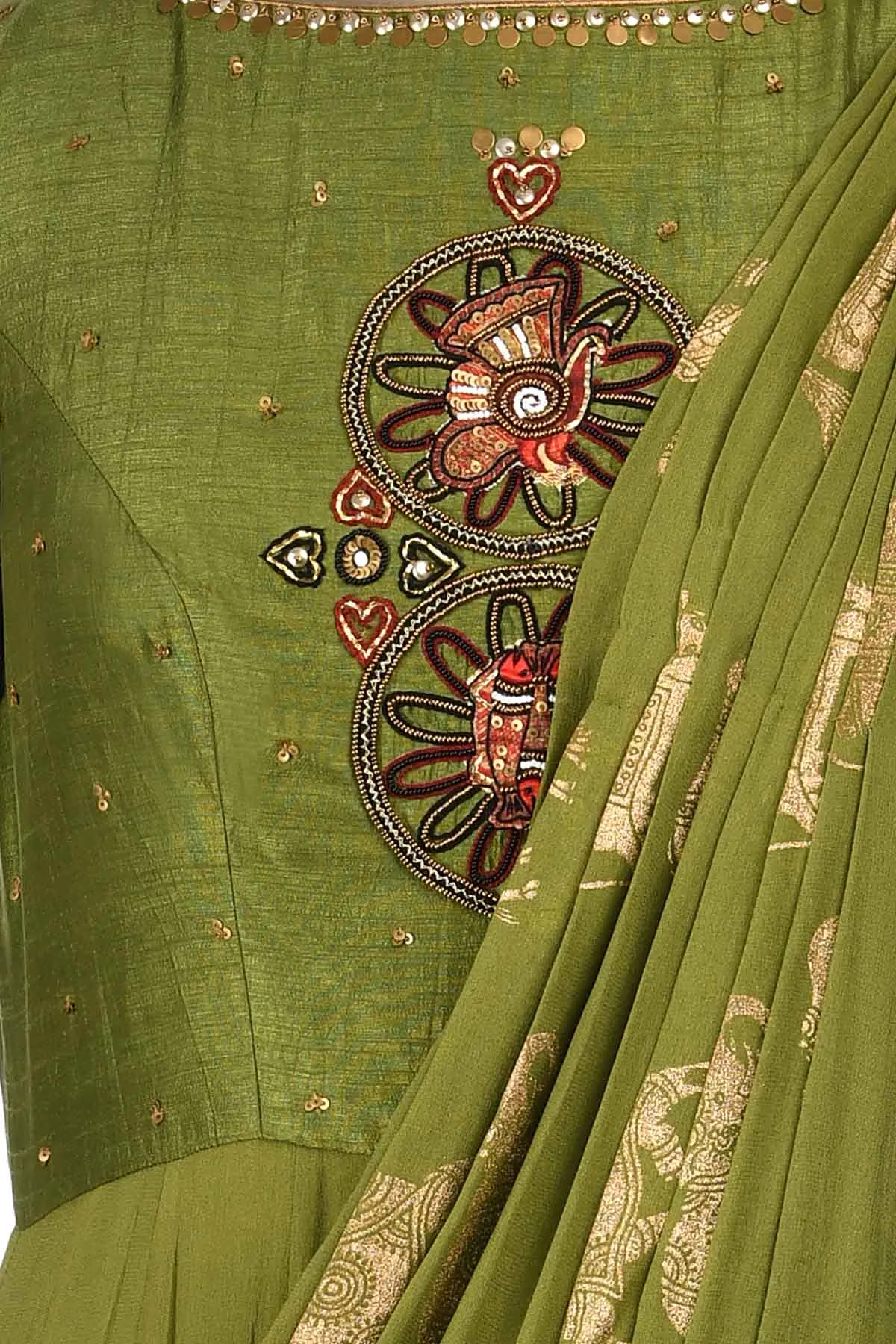 50Z170-RO Green Embroidered Maxi Dress with Draped Dupatta