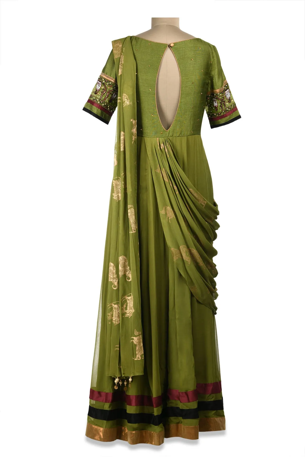 50Z170-RO Green Embroidered Maxi Dress with Draped Dupatta