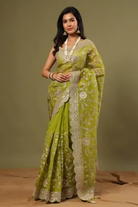 90Z486-RO Olive Green Organza Saree with Embroidery