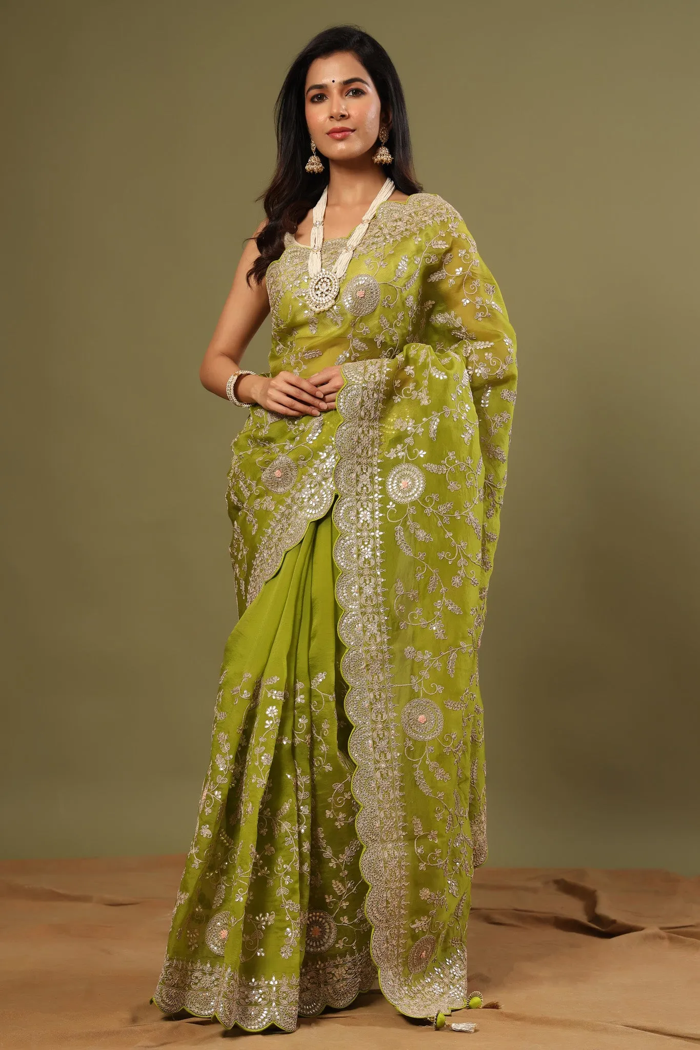 90Z486-RO Olive Green Organza Saree with Embroidery