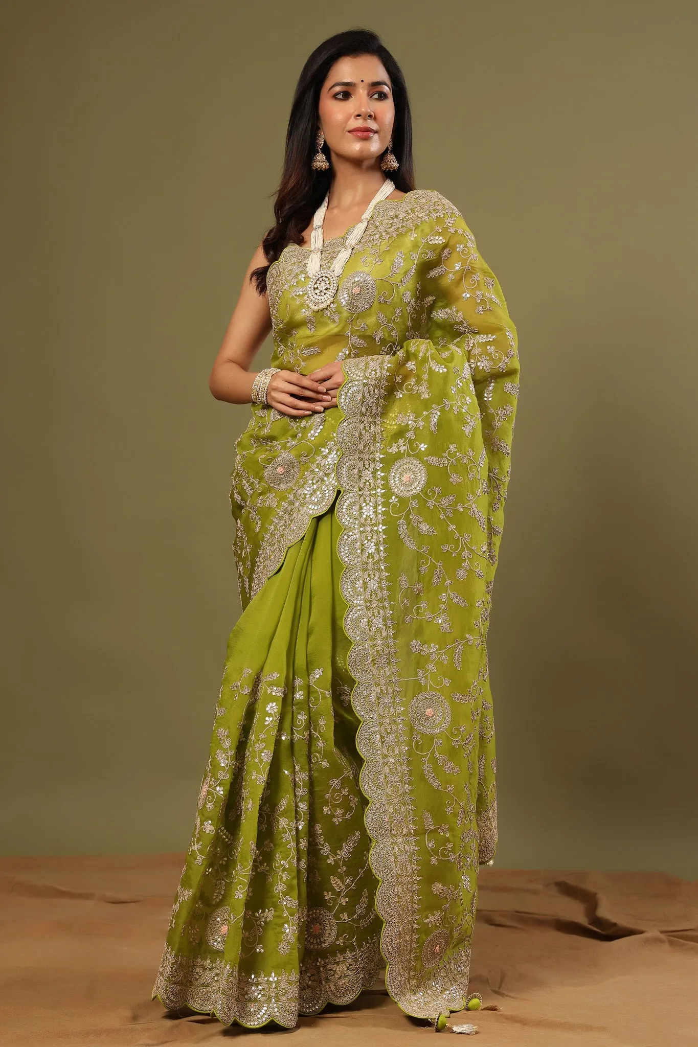 90Z486-RO Olive Green Organza Saree with Embroidery