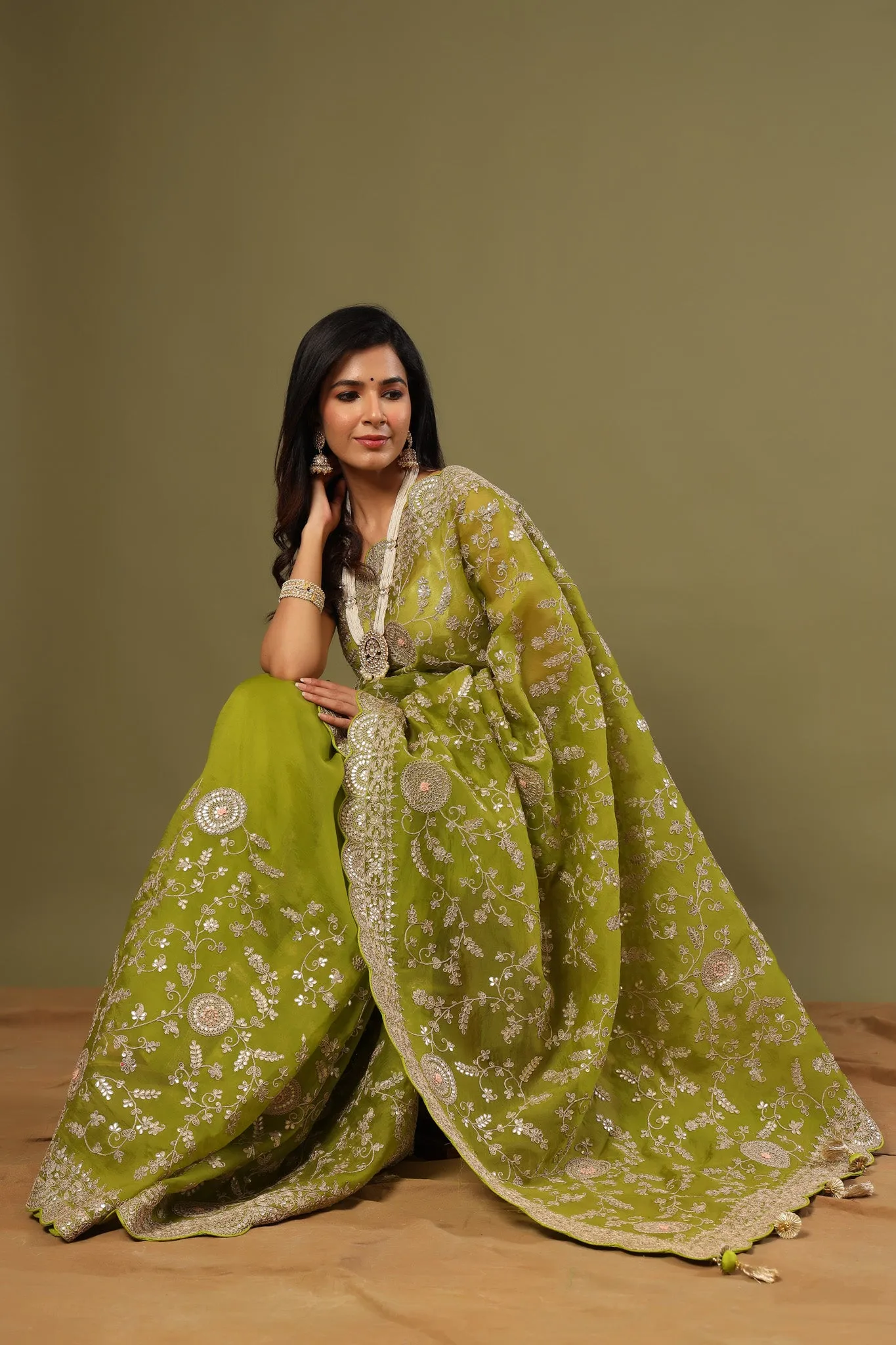 90Z486-RO Olive Green Organza Saree with Embroidery