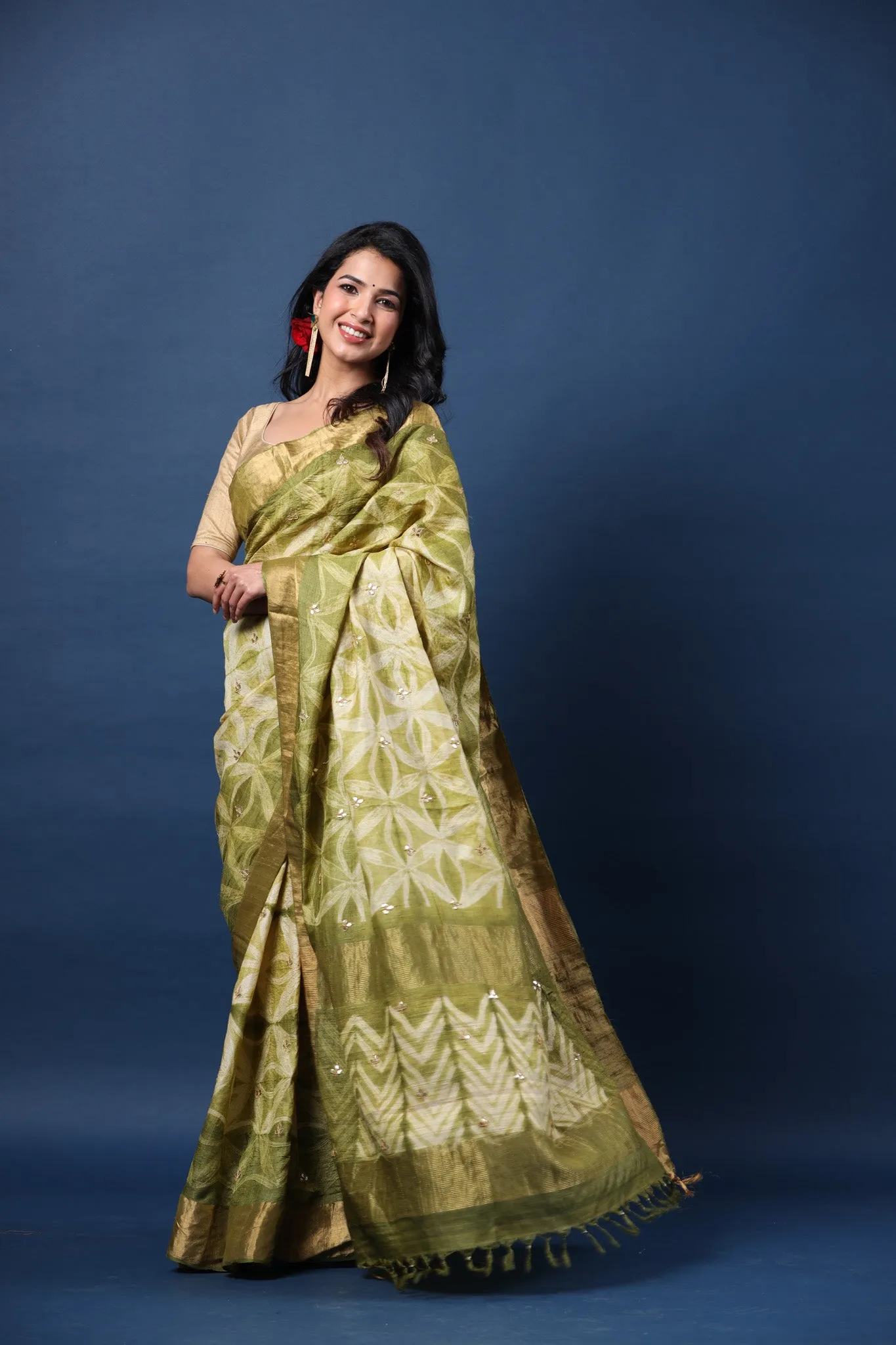 90Z660-RO Olive Green Printed Tussar Silk Saree with Zari Border