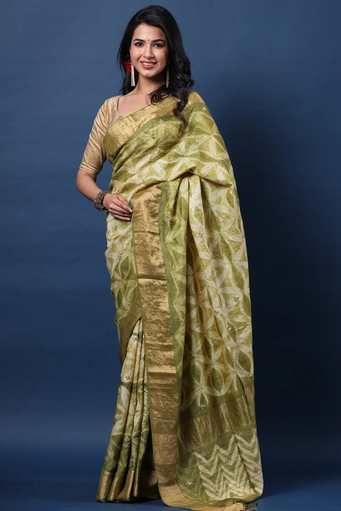 90Z660-RO Olive Green Printed Tussar Silk Saree with Zari Border