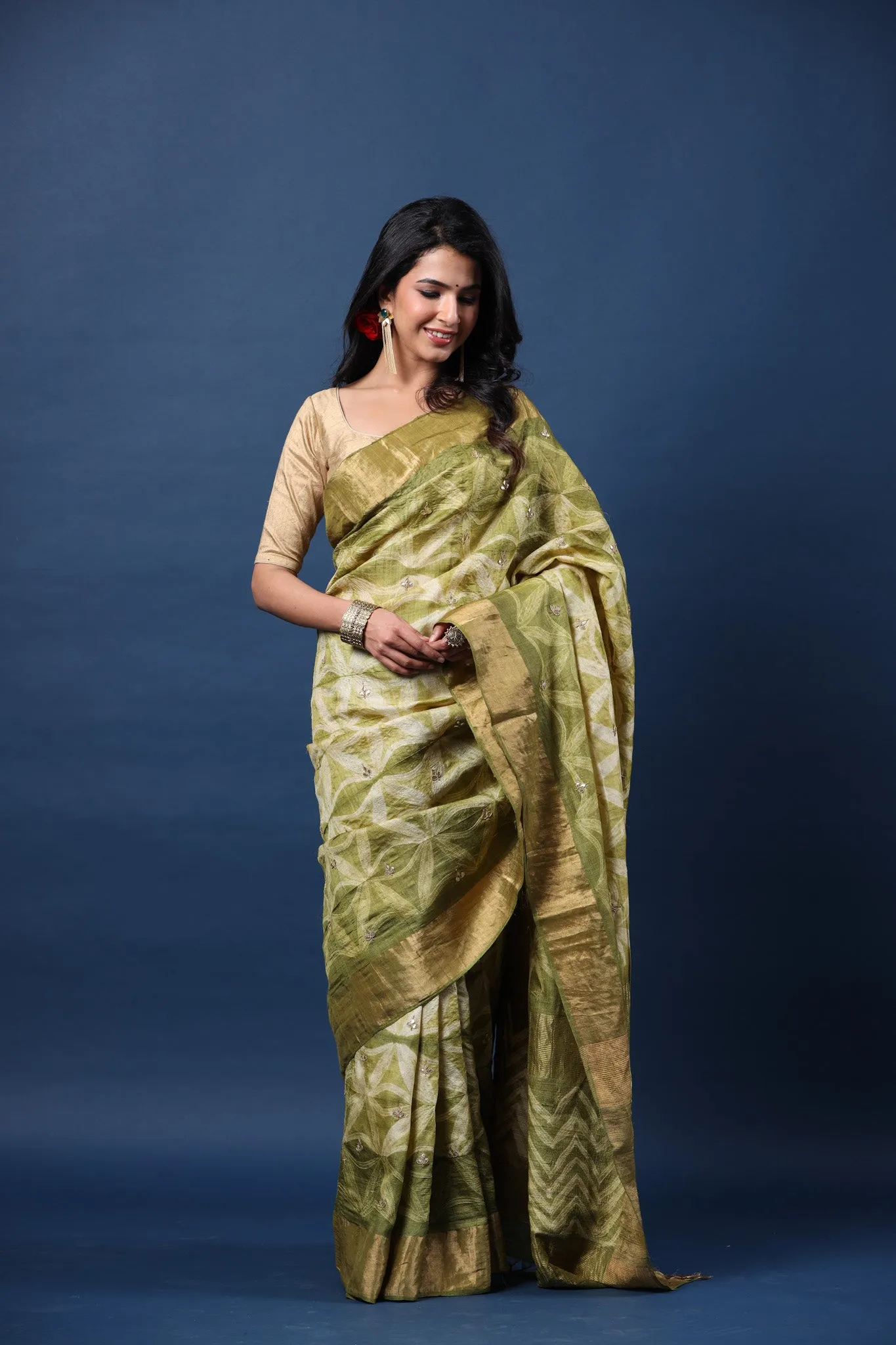 90Z660-RO Olive Green Printed Tussar Silk Saree with Zari Border