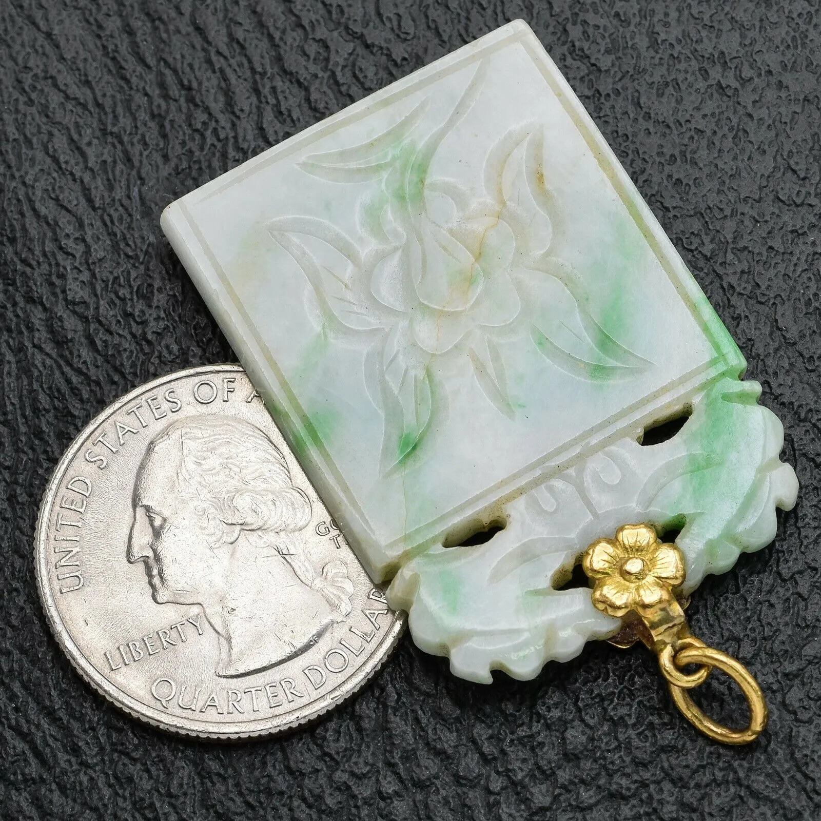 Antique 22K Yellow Gold Green Jade Carved Reversible Lucky Pendant