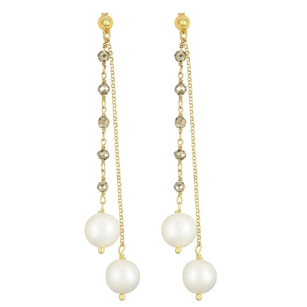 Argentum Extremis Double Drop Earring - Pyrite & White Pearl - Gold Plated Silver