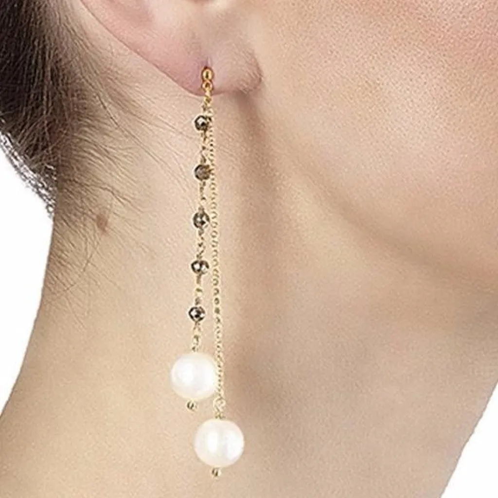 Argentum Extremis Double Drop Earring - Pyrite & White Pearl - Gold Plated Silver