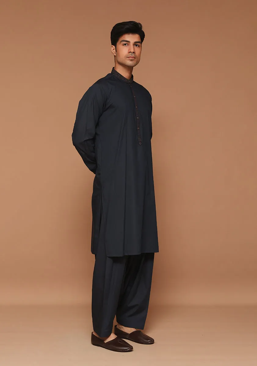 Basic Poly Viscose Maluki Dark Sapphire Classic Fit Embroidered Suit