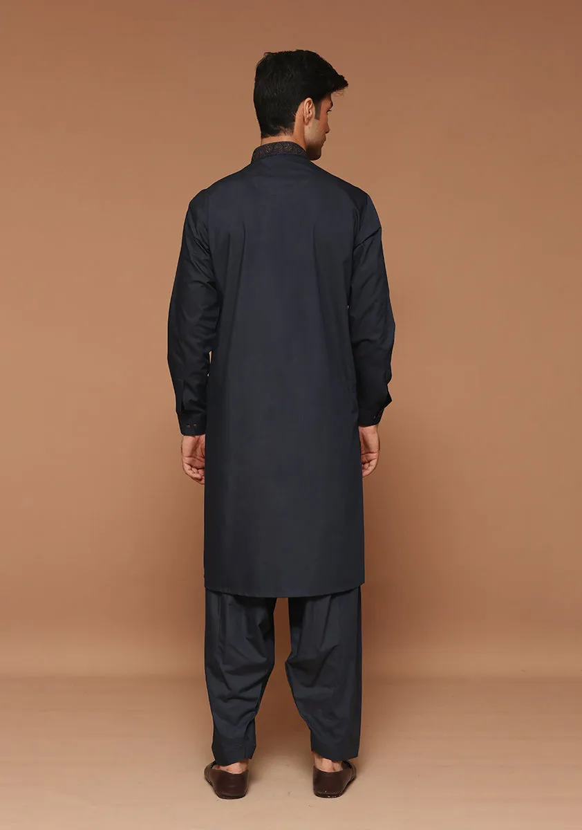 Basic Poly Viscose Maluki Dark Sapphire Classic Fit Embroidered Suit