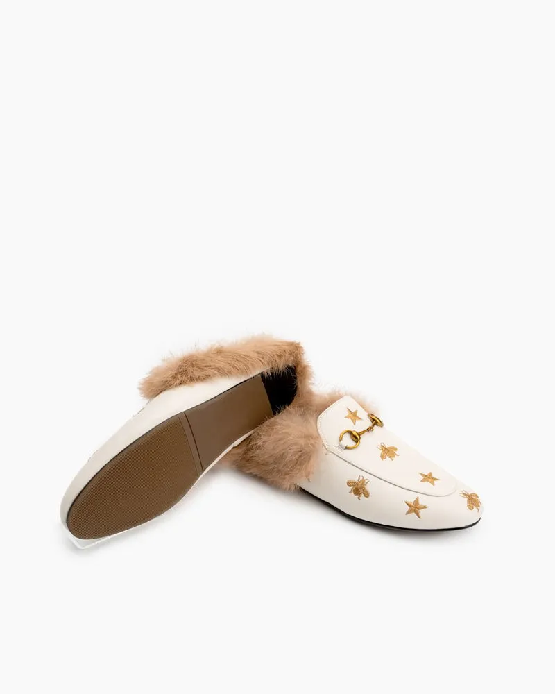 Bee Star Embroidered Furry Fur Slip on Mules