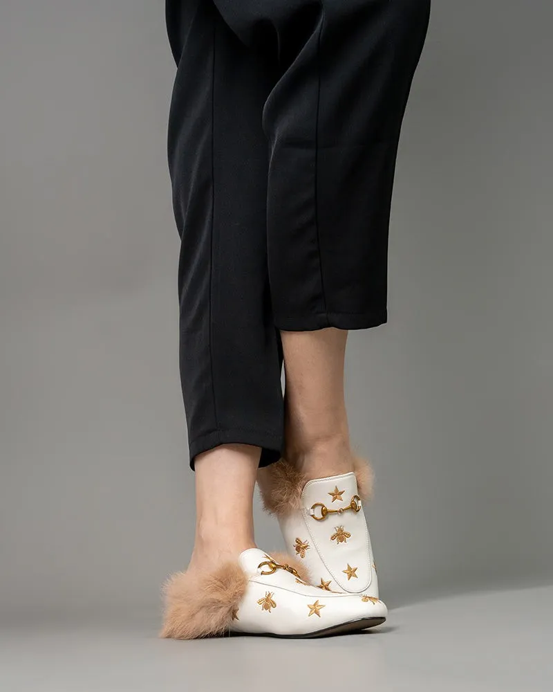 Bee Star Embroidered Furry Fur Slip on Mules