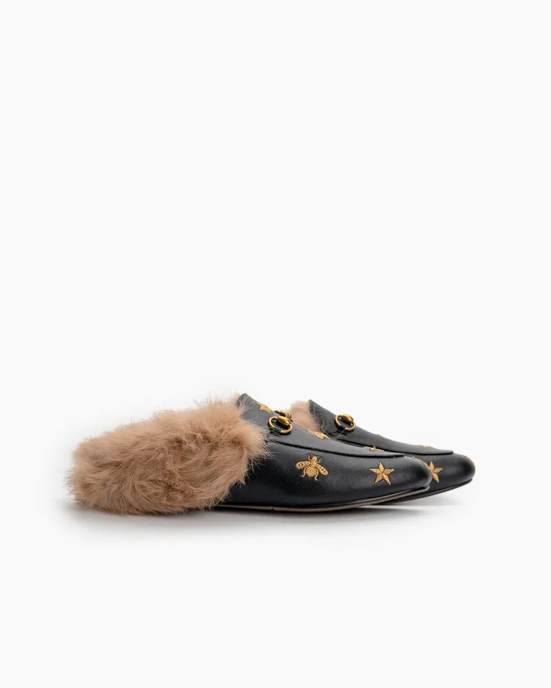 Bee Star Embroidered Furry Fur Slip on Mules