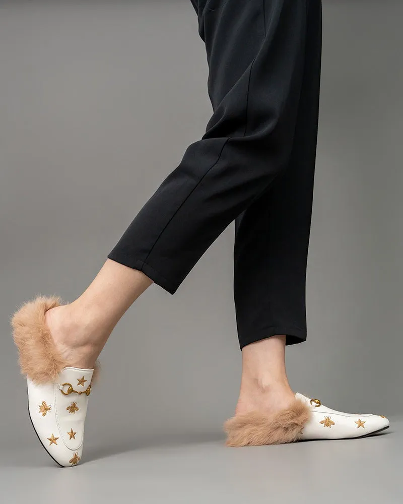 Bee Star Embroidered Furry Fur Slip on Mules