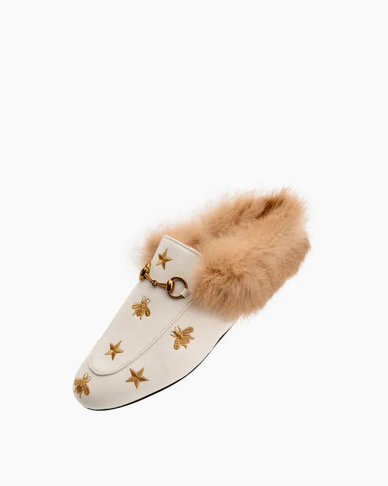 Bee Star Embroidered Furry Fur Slip on Mules