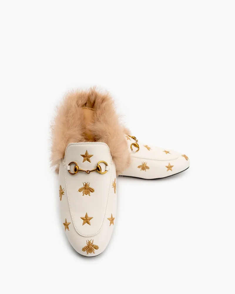 Bee Star Embroidered Furry Fur Slip on Mules