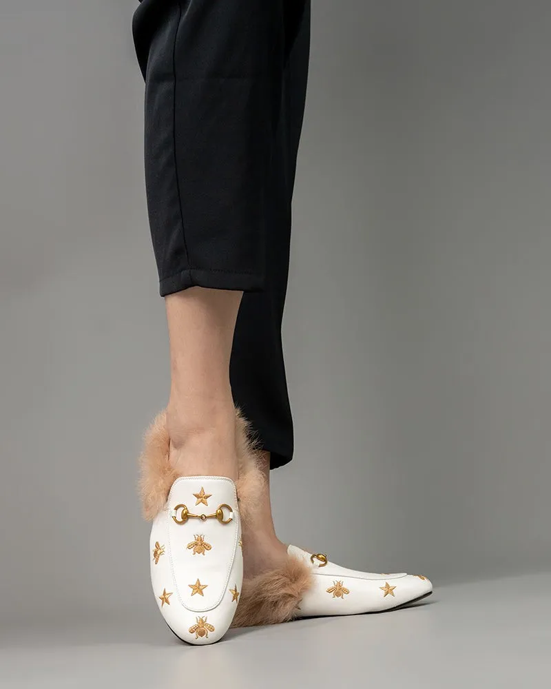 Bee Star Embroidered Furry Fur Slip on Mules