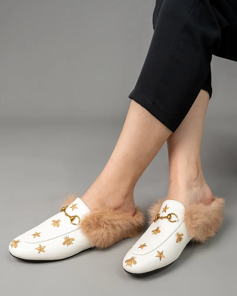 Bee Star Embroidered Furry Fur Slip on Mules