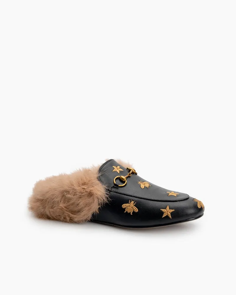 Bee Star Embroidered Furry Fur Slip on Mules