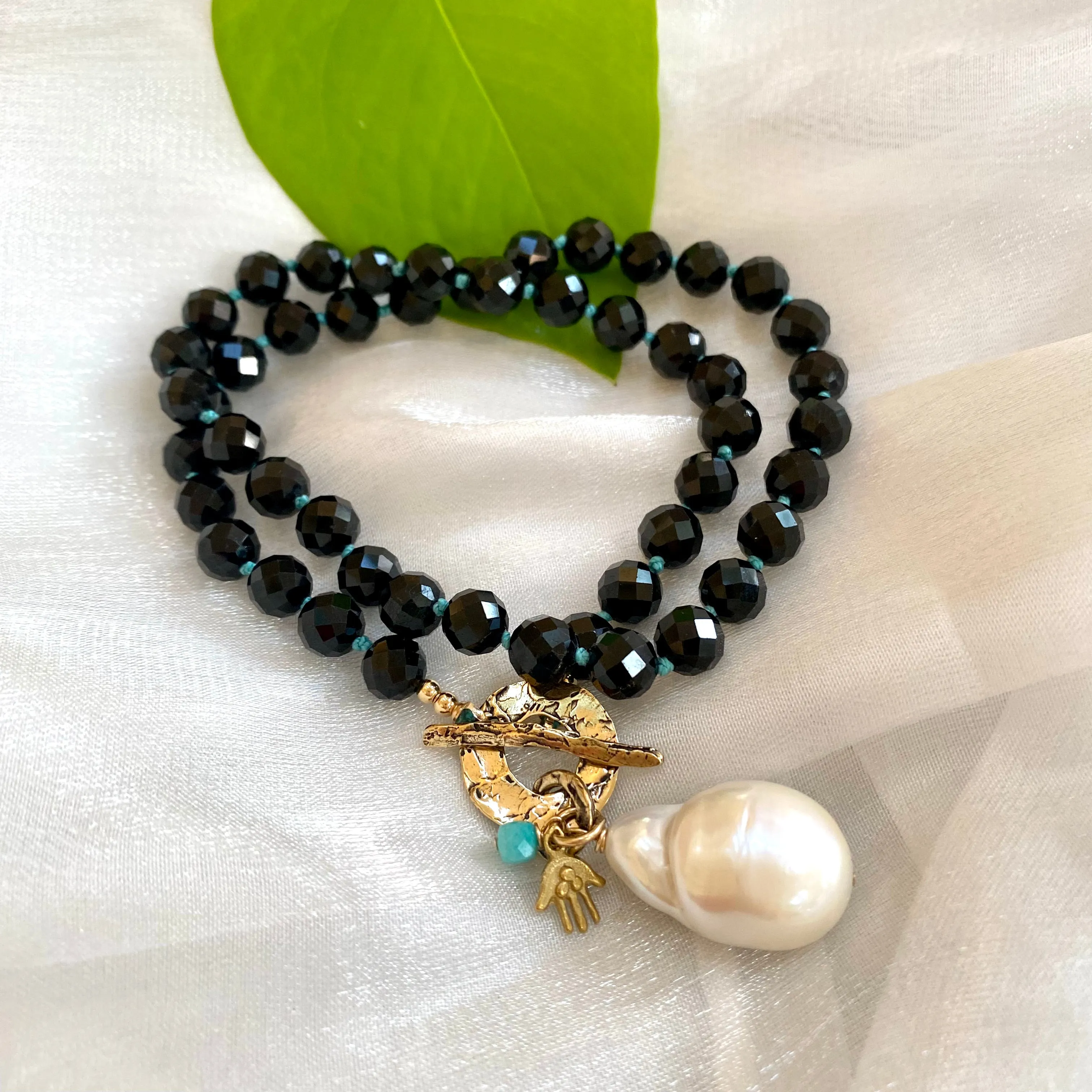 Black Tourmaline Toggle Necklace with Large Baroque Pearl Pendant, Artisan Gold Bronze & Gold Filled Details, 18.5in