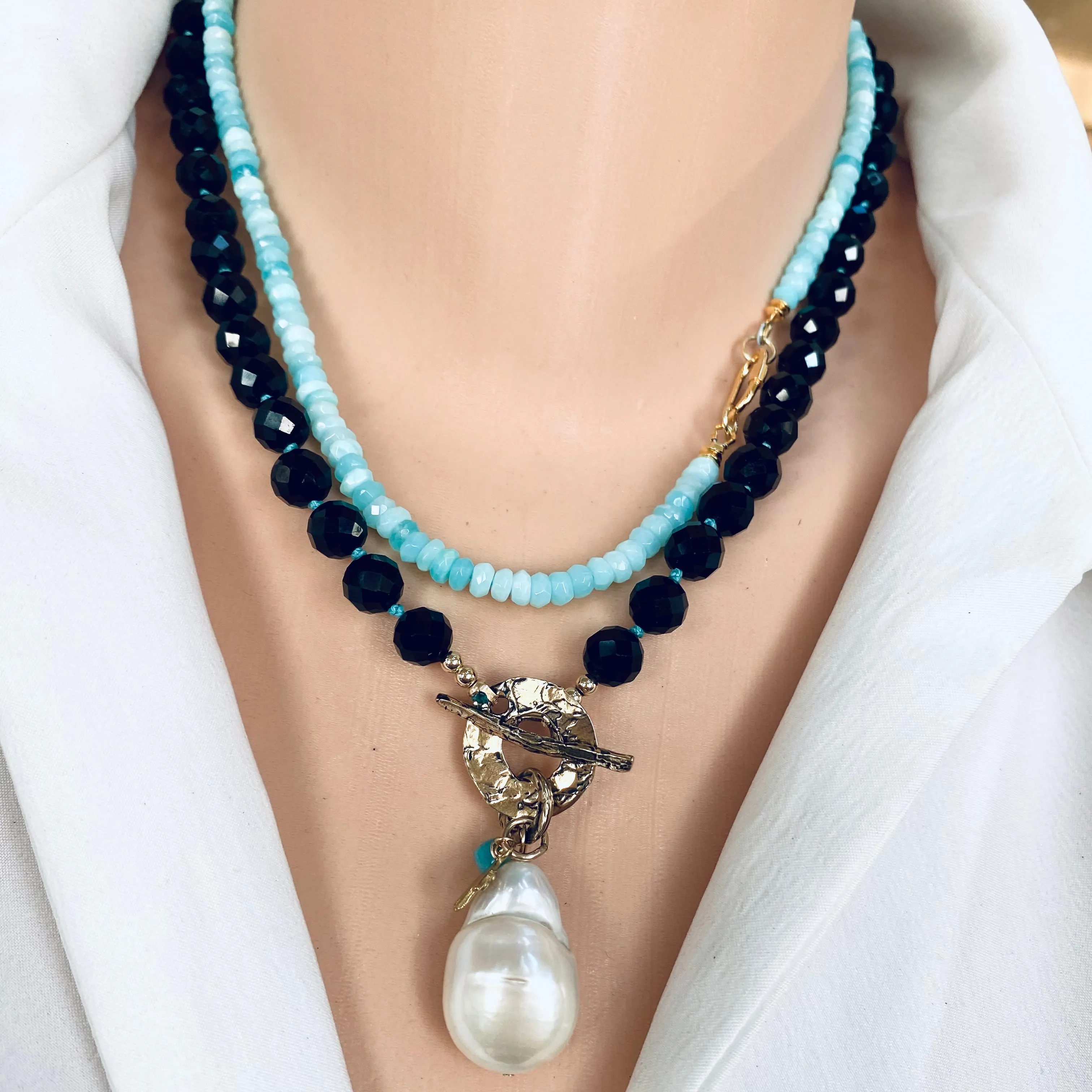 Black Tourmaline Toggle Necklace with Large Baroque Pearl Pendant, Artisan Gold Bronze & Gold Filled Details, 18.5in