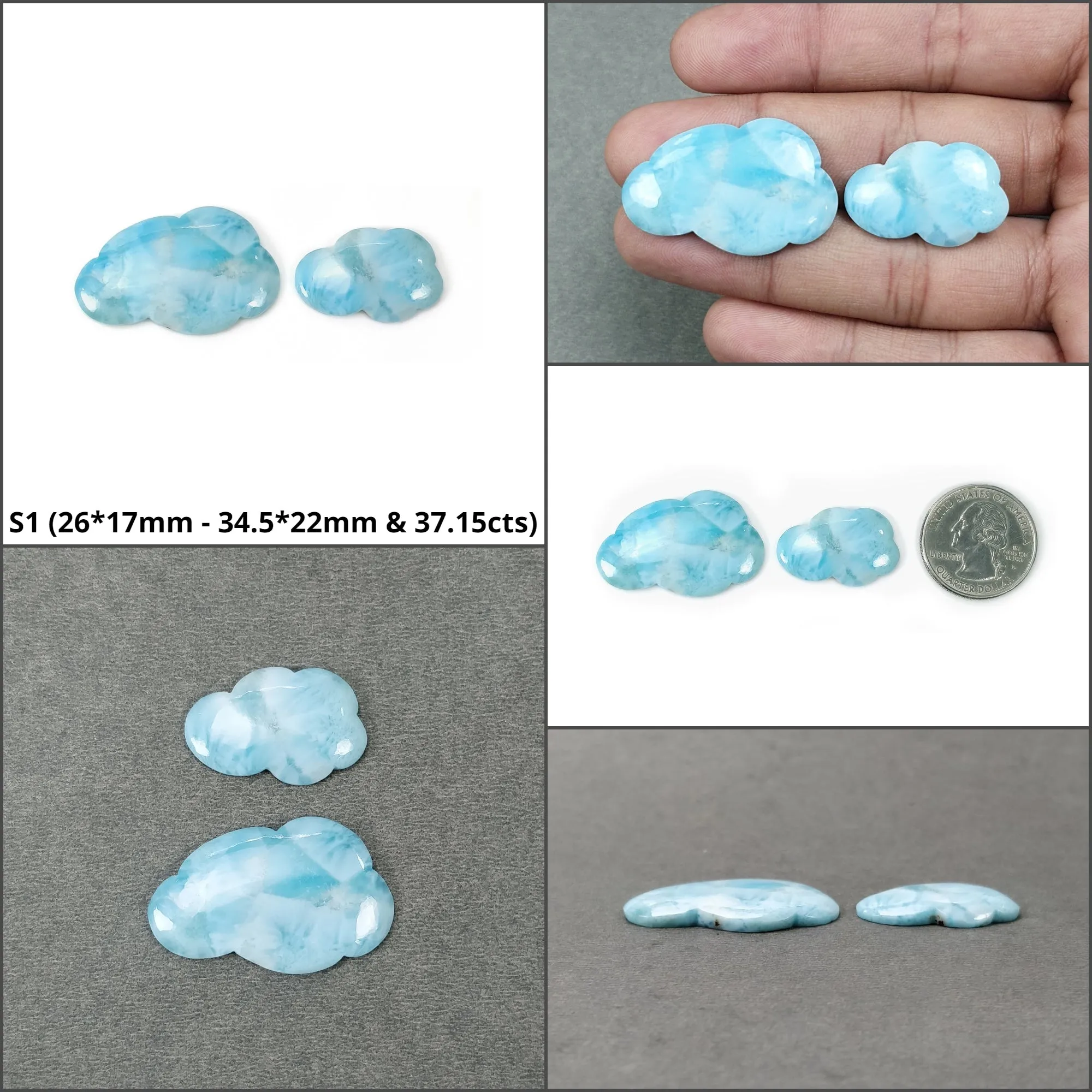 BLUE LARIMAR Gemstone Carving : Natural Untreated Unheated Larimar Bi-Color Hand Carved Cloud Sets