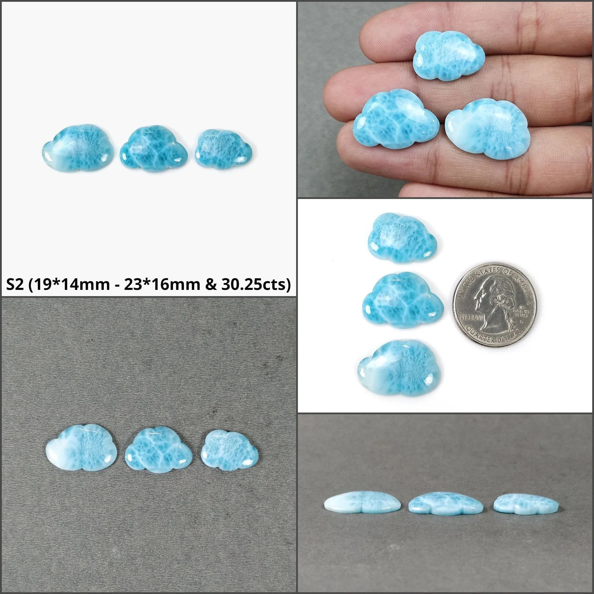 BLUE LARIMAR Gemstone Carving : Natural Untreated Unheated Larimar Bi-Color Hand Carved Cloud Sets