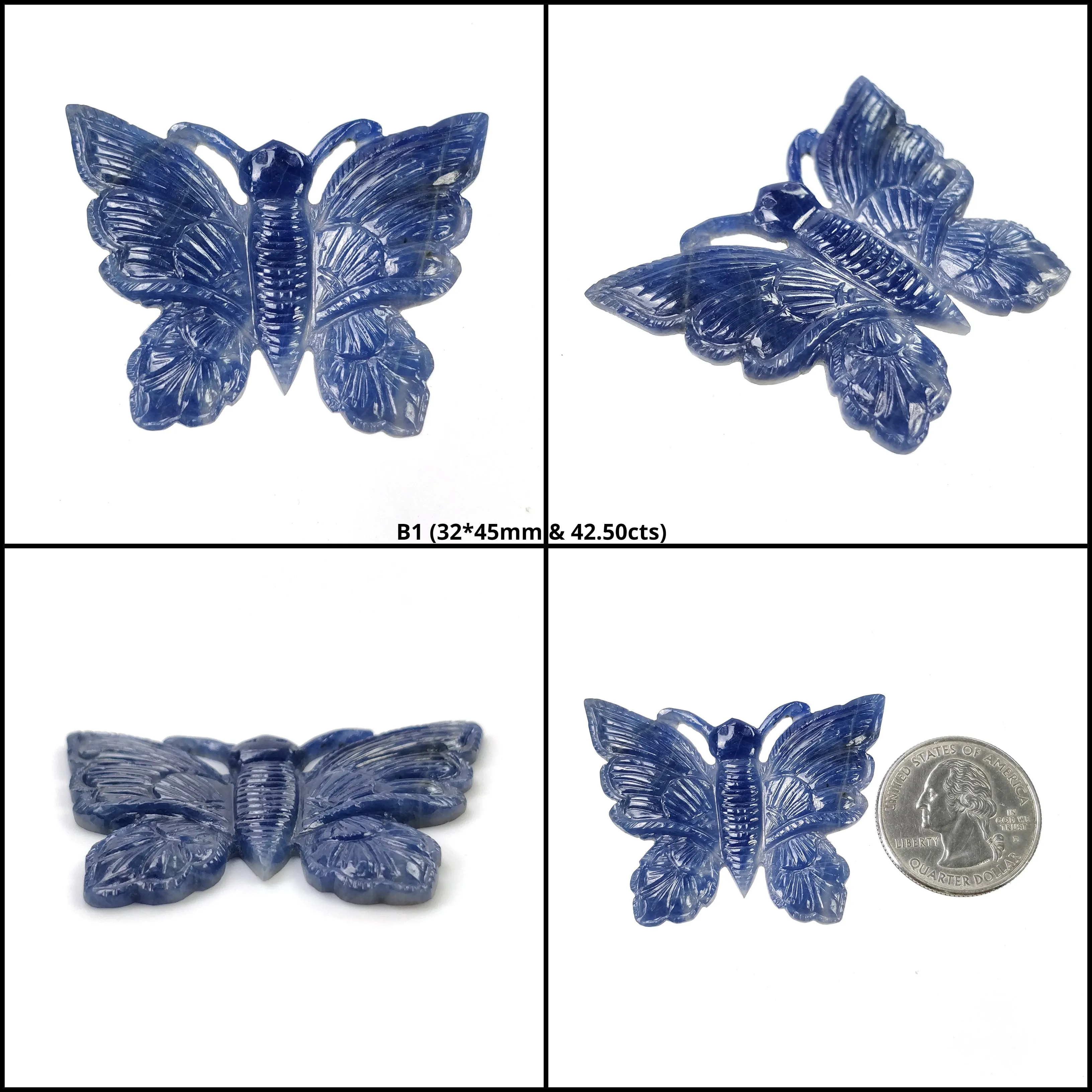 BLUE SAPPHIRE Gemstone Carving : 42.50cts Natural Untreated Unheated Sapphire Hand Carved Butterfly 45*32mm - 35*45mm 1pc (With Video)