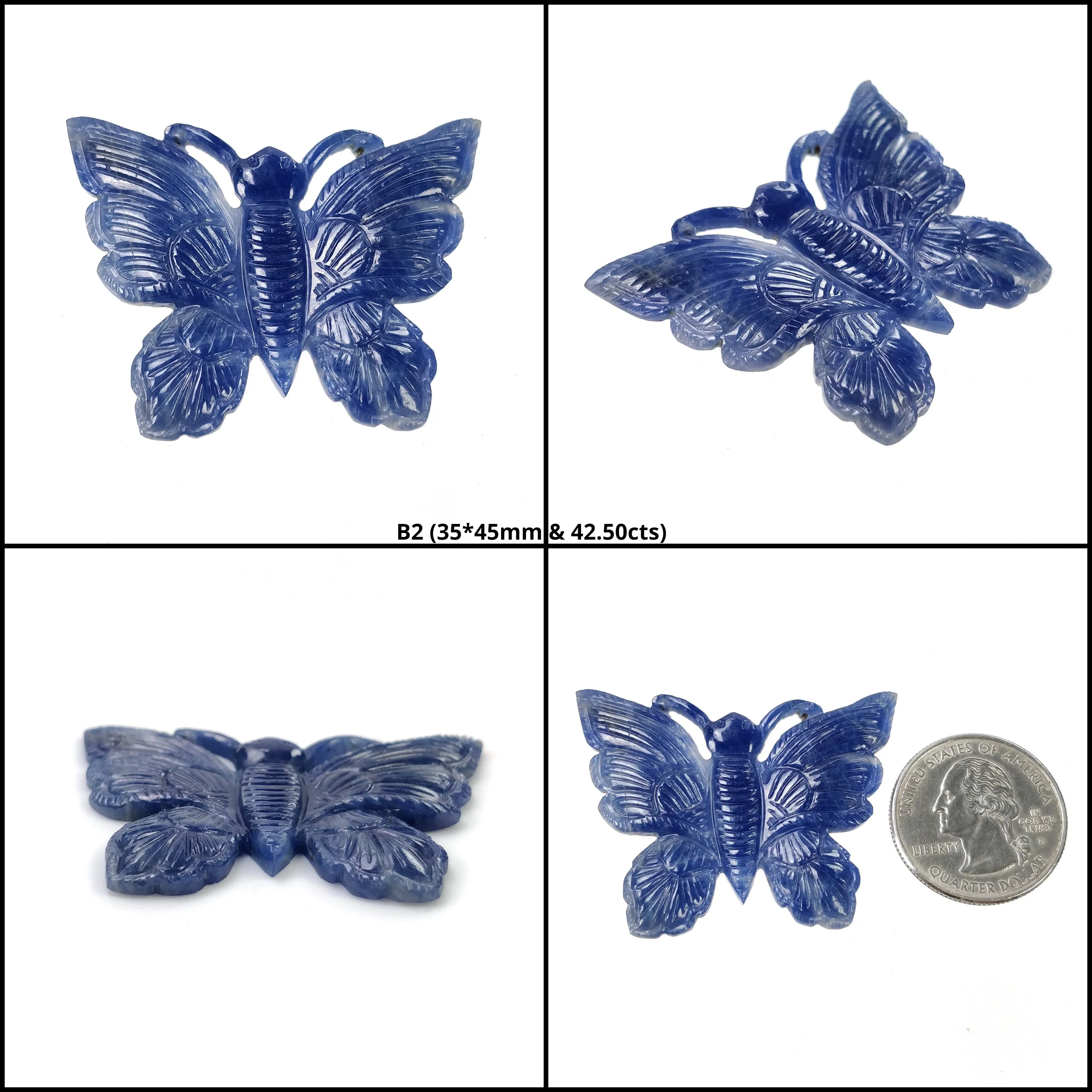 BLUE SAPPHIRE Gemstone Carving : 42.50cts Natural Untreated Unheated Sapphire Hand Carved Butterfly 45*32mm - 35*45mm 1pc (With Video)