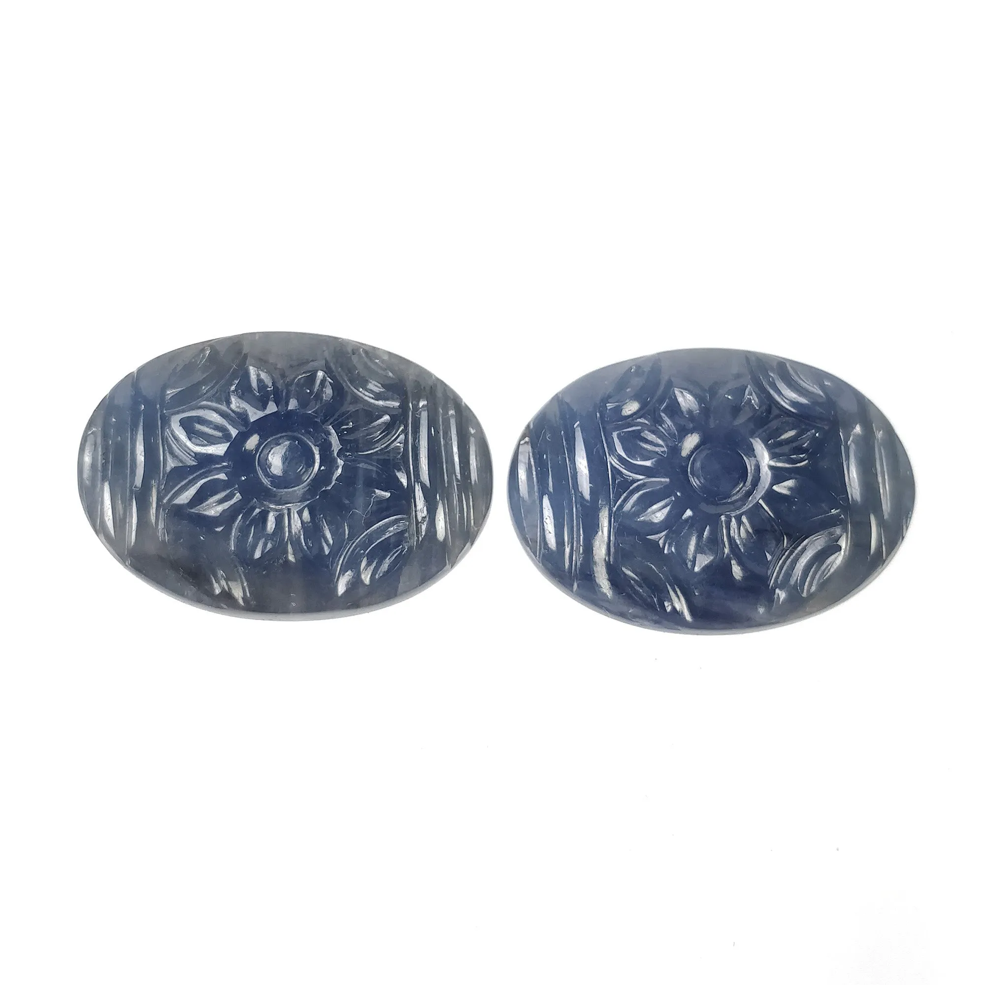 BLUE SAPPHIRE Gemstone Carving : 55.50cts Natural Untreated Unheated Sapphire Hand Carved Oval Shape 25*18mm Pair (With Video)