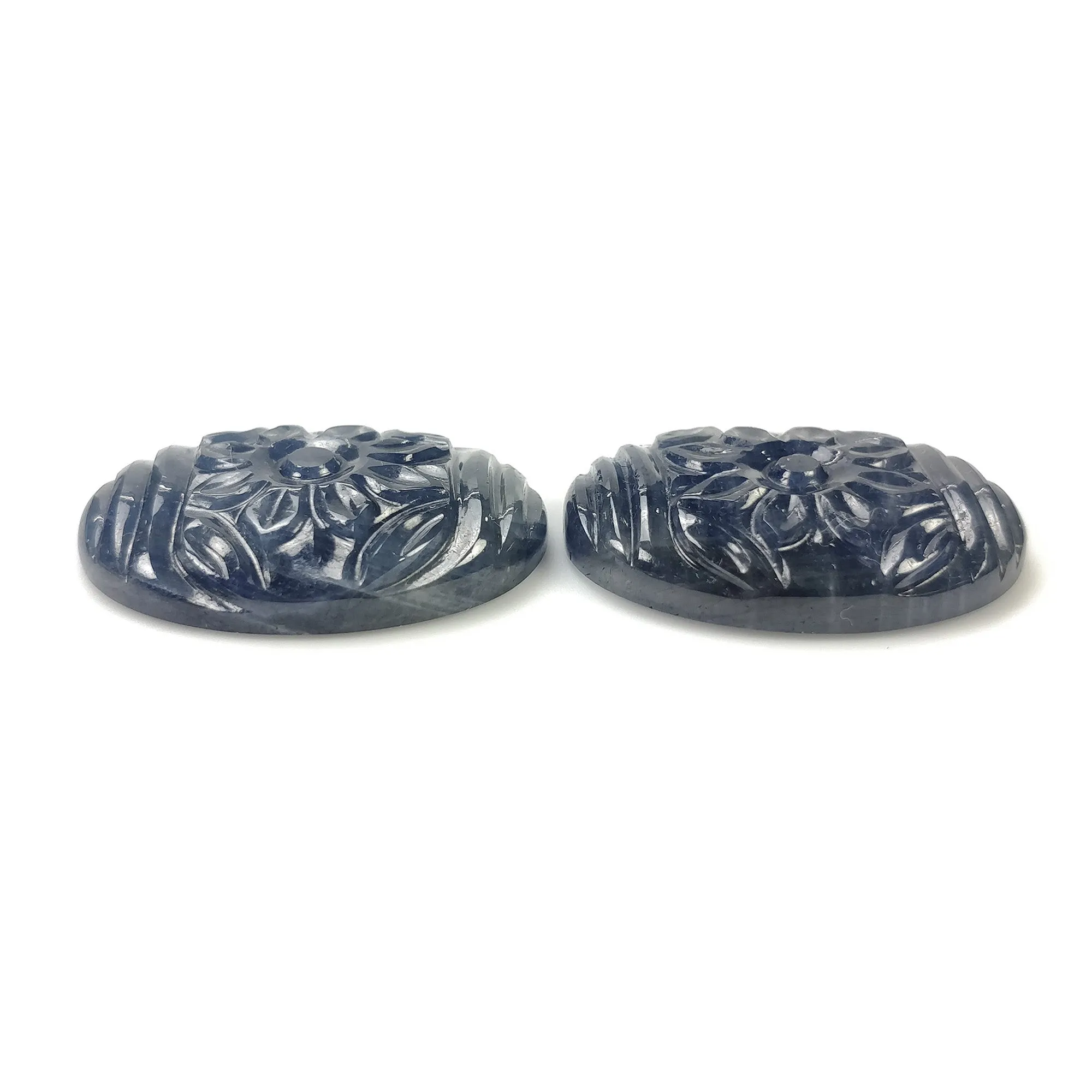 BLUE SAPPHIRE Gemstone Carving : 55.50cts Natural Untreated Unheated Sapphire Hand Carved Oval Shape 25*18mm Pair (With Video)