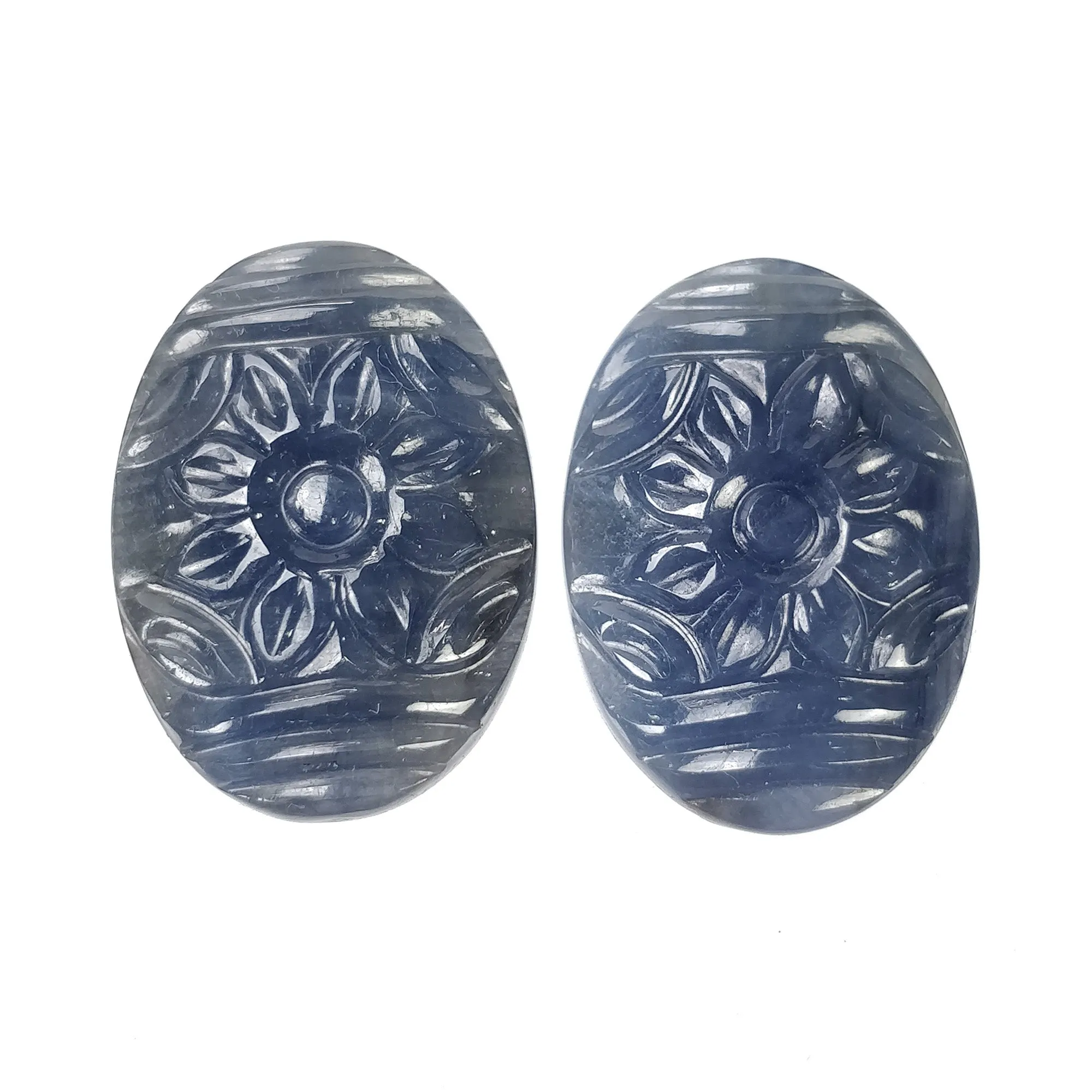 BLUE SAPPHIRE Gemstone Carving : 55.50cts Natural Untreated Unheated Sapphire Hand Carved Oval Shape 25*18mm Pair (With Video)