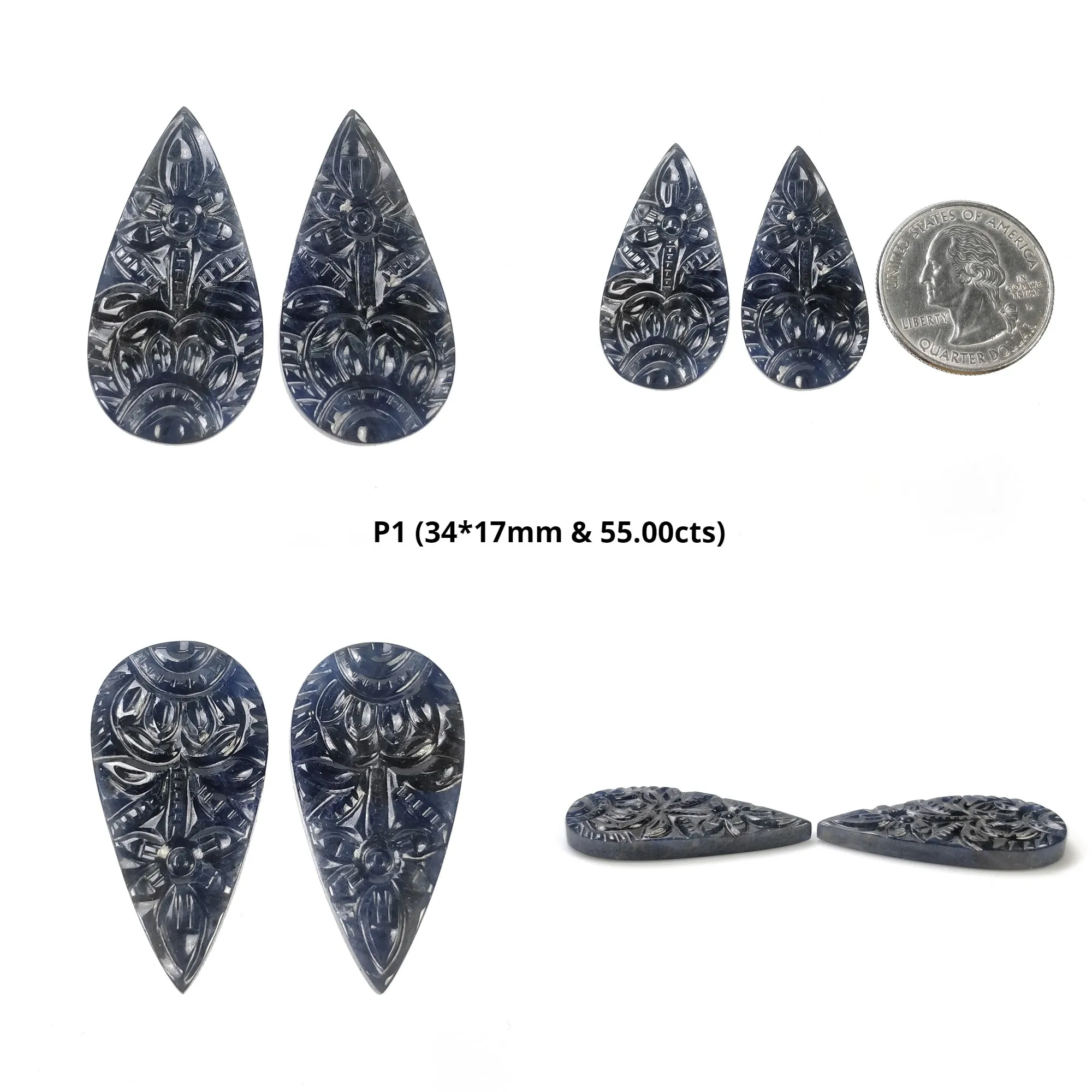 BLUE SAPPHIRE Gemstone Carving : Natural Untreated Unheated Sapphire Gemstone Hand Carved Pear Shape Pair (with Video)