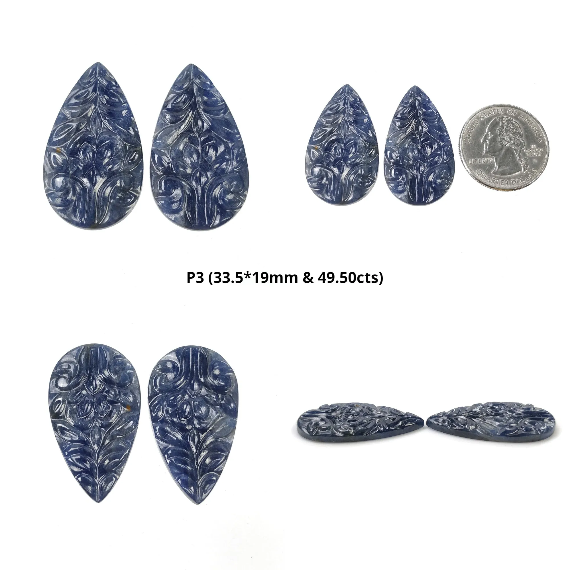 BLUE SAPPHIRE Gemstone Carving : Natural Untreated Unheated Sapphire Gemstone Hand Carved Pear Shape Pair (with Video)