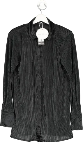 boohoo Black Satin Plisse Oversized Shirt UK 8