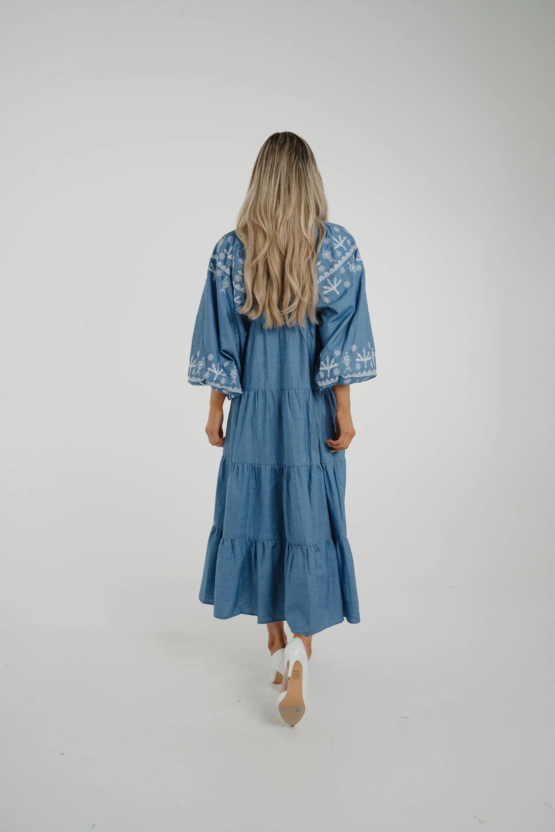 Caitlyn Tiered Embroidery Dress In Blue