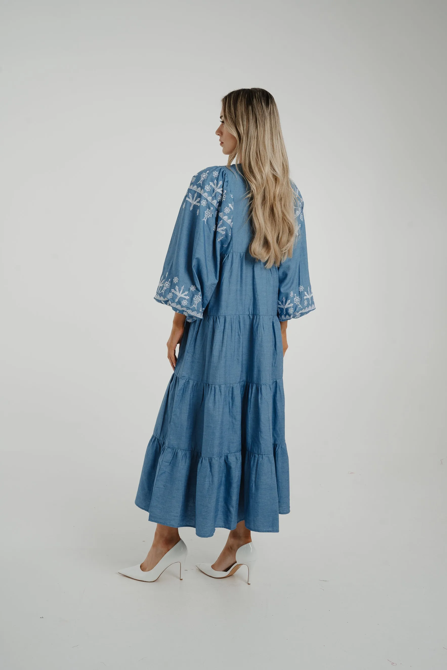 Caitlyn Tiered Embroidery Dress In Blue