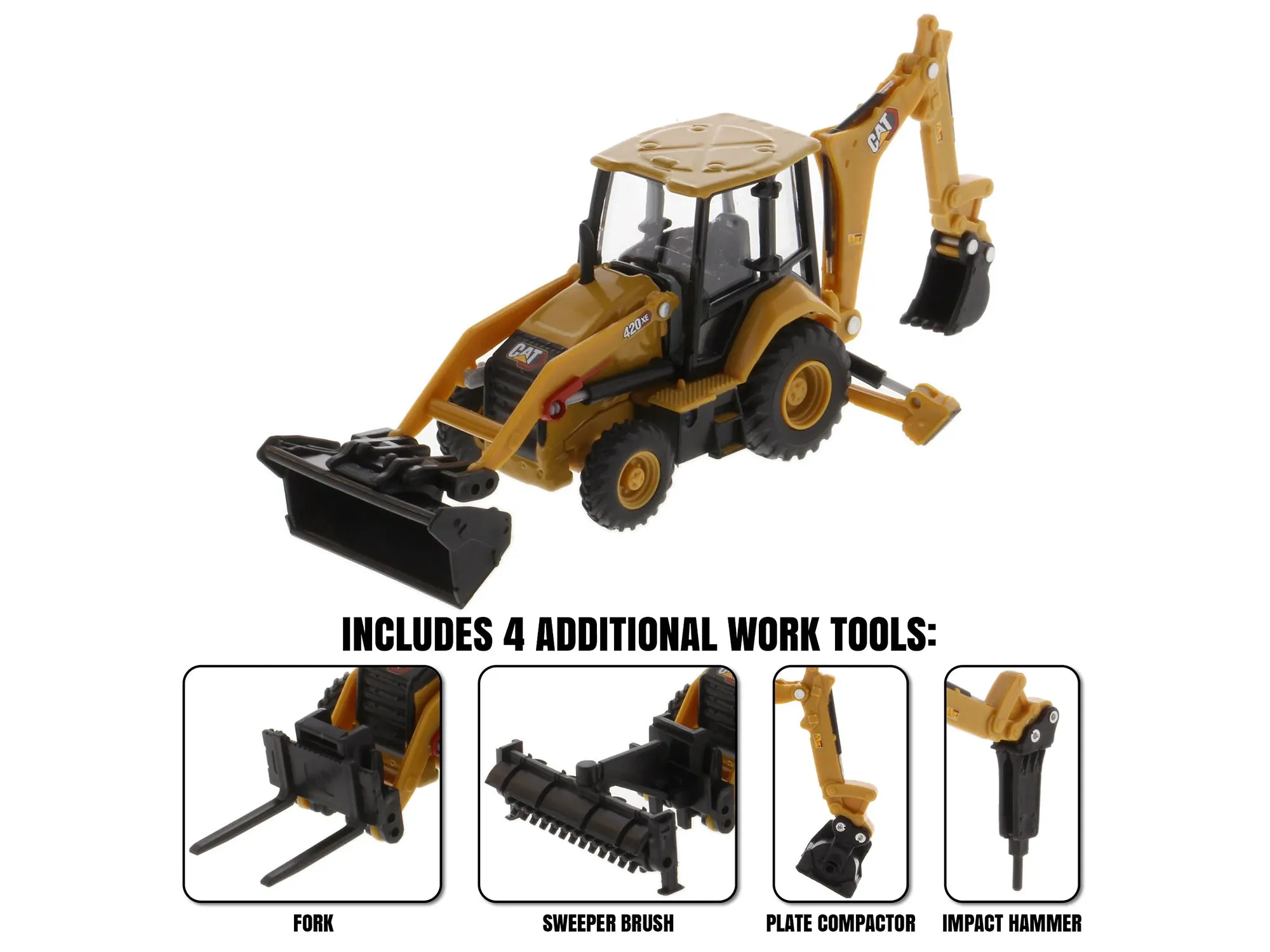 CAT Caterpillar 420 XE Backhoe Loader with Work Tools Yellow 1/64 Diecast Model by Diecast Masters