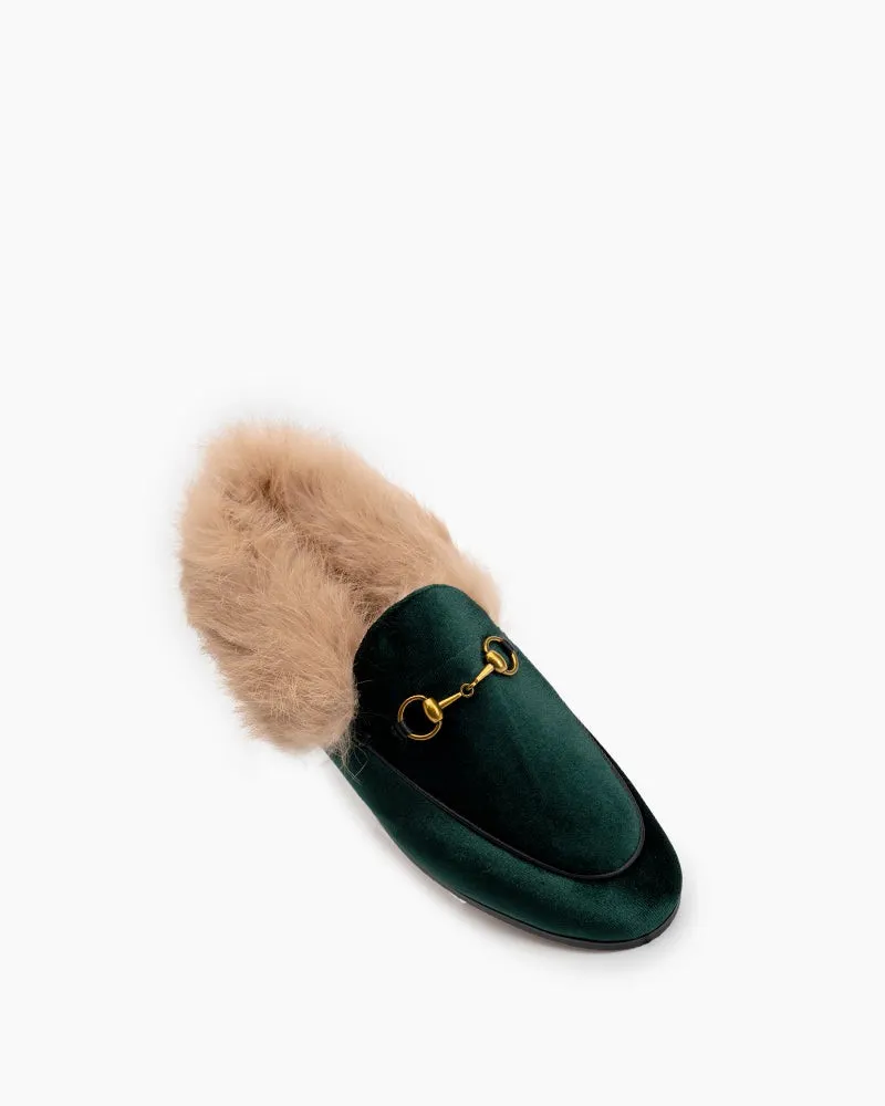 Classic Horsebit Velvet Fur Flat Loafers