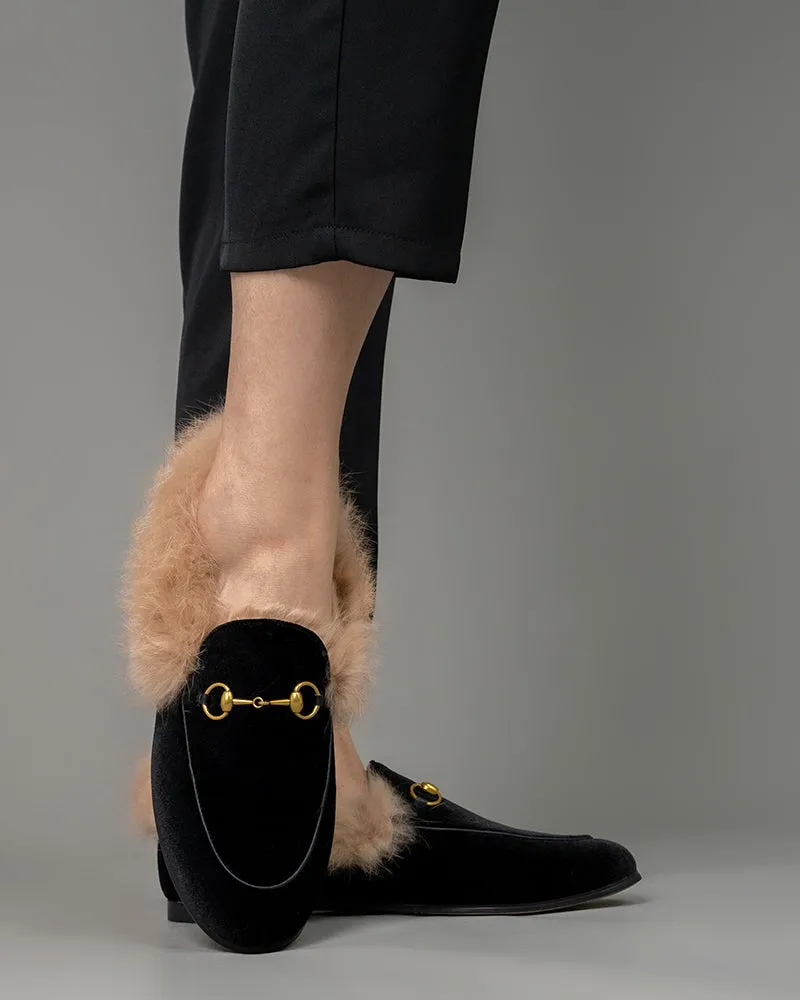 Classic Horsebit Velvet Fur Flat Loafers