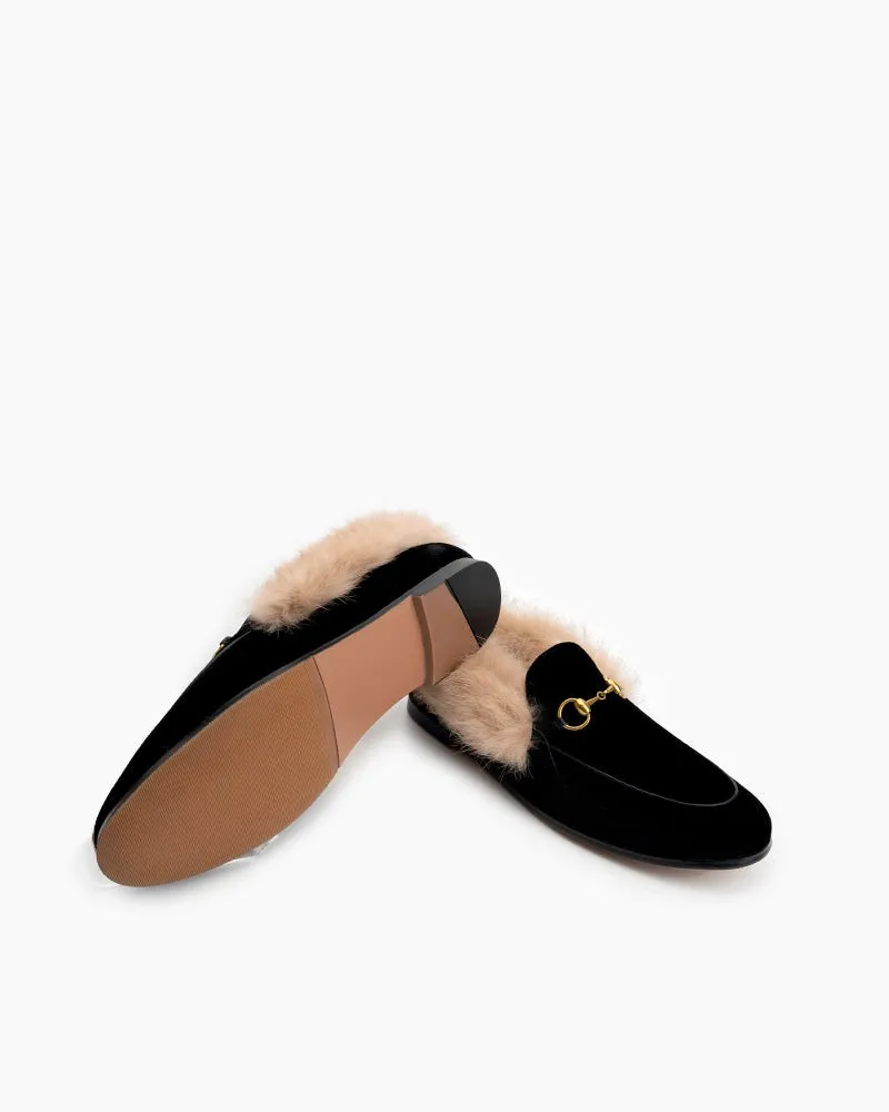 Classic Horsebit Velvet Fur Flat Loafers